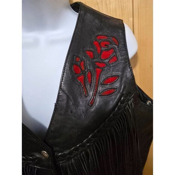 Leather Fringe Vest With Rose Design & Braided Trim For Women - Picture 4 of 10